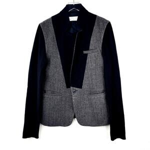 Yigal Azrouel Menswear Wool Blazer Jacket Gray Herringbone Black Knit Leather MD